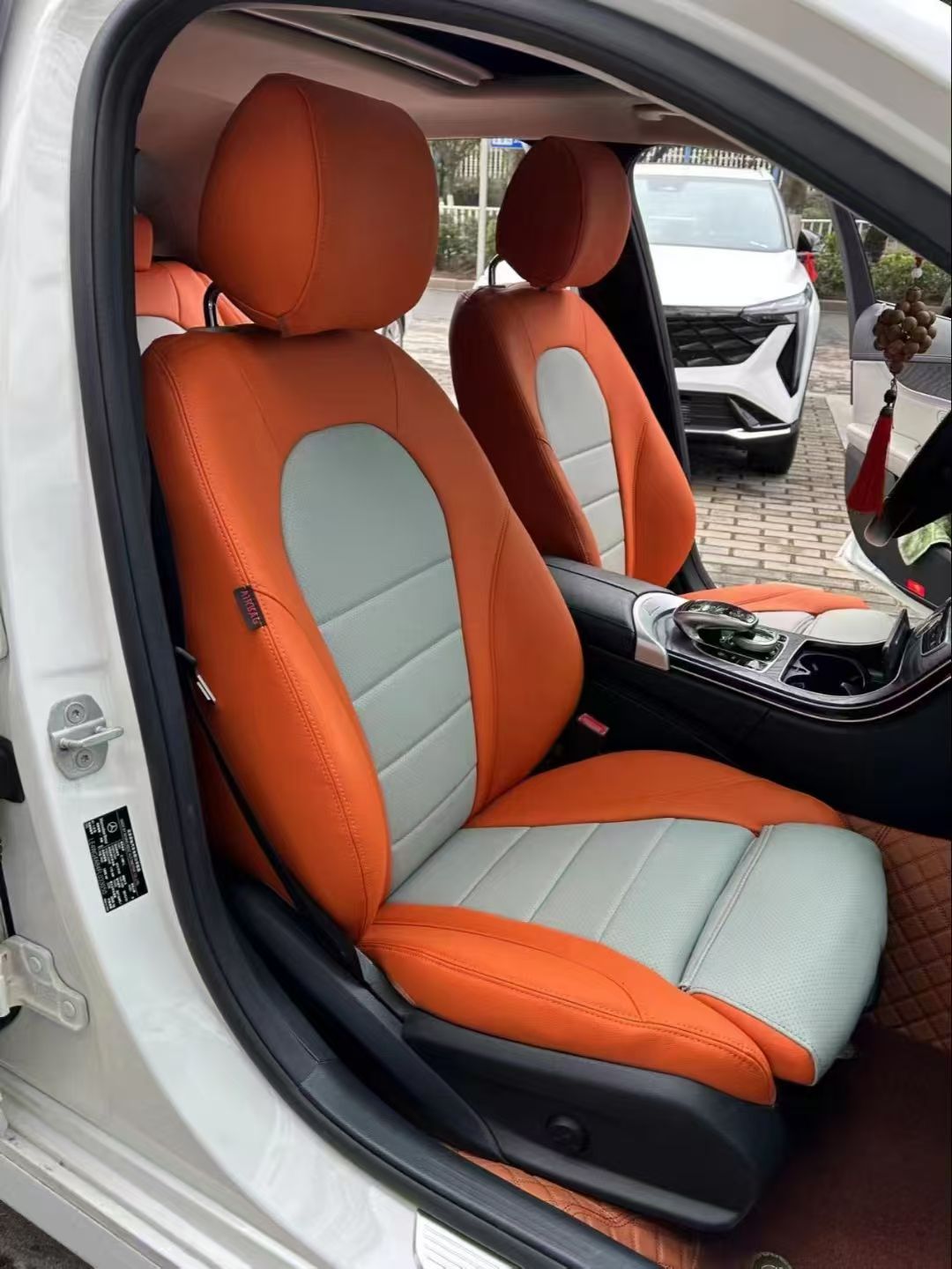Orange and ivory custom seat covers
